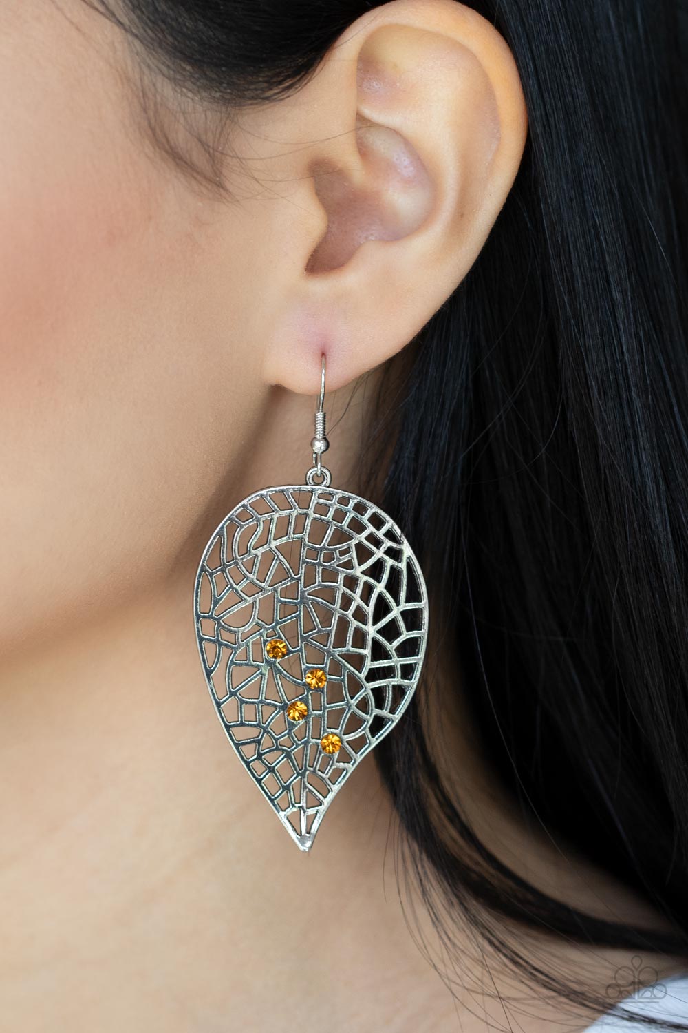 Silver Hanging Earrings with  Yellow Rhinestones