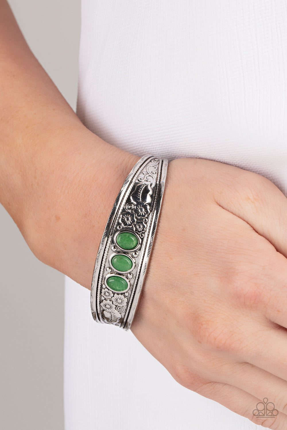 Silver Bracelet with Green Stones