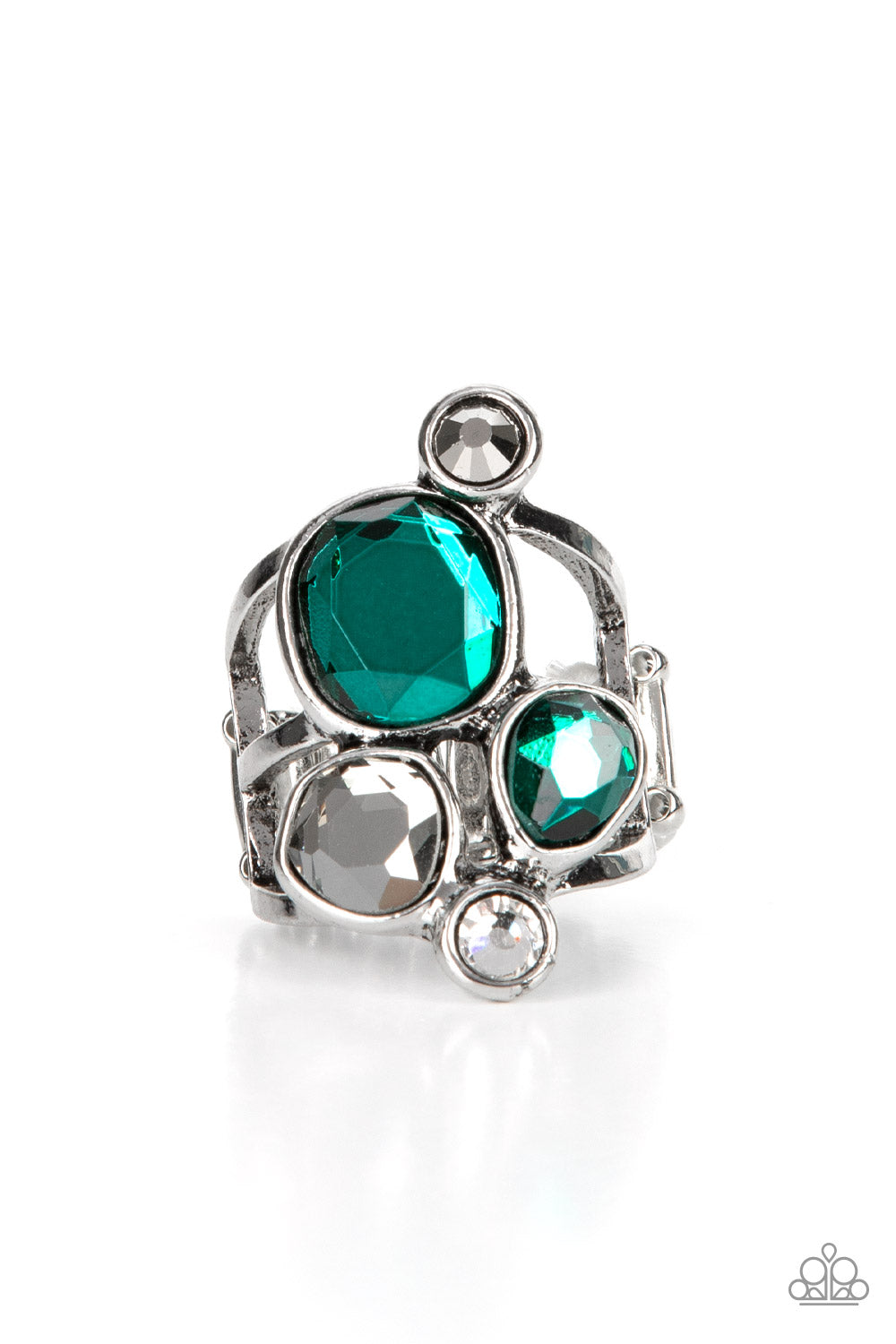 Silver Ring with Green Gems and White Rhinestones