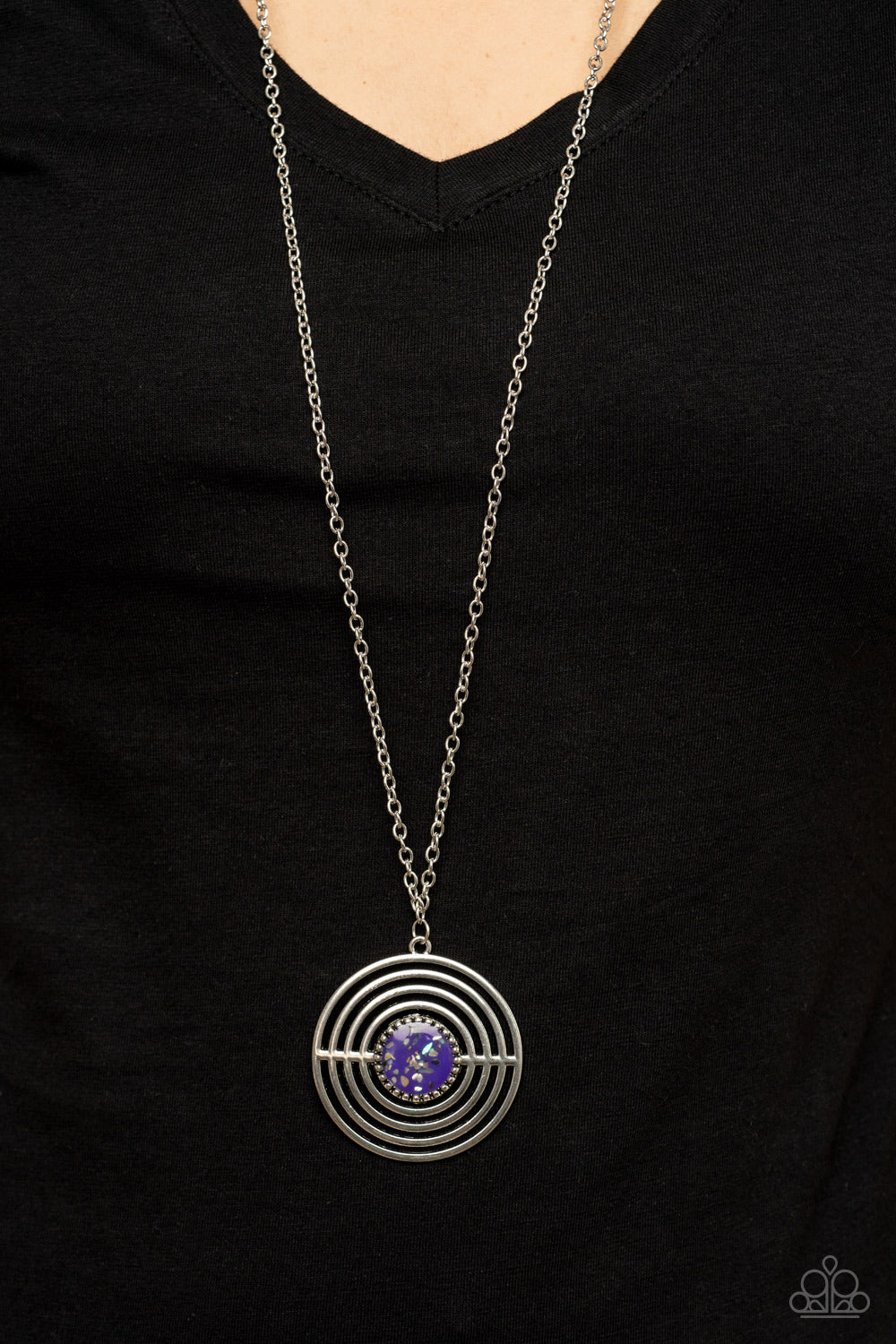 Long Style Silver Necklace with Purple Pendant