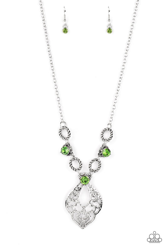 Silver Necklace with Green Rhinestones